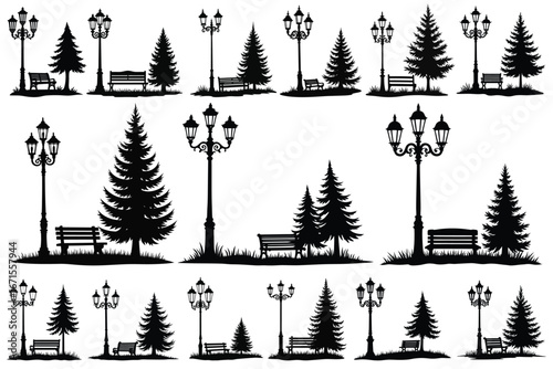 Black silhouettes of park lamps benches and coniferous trees