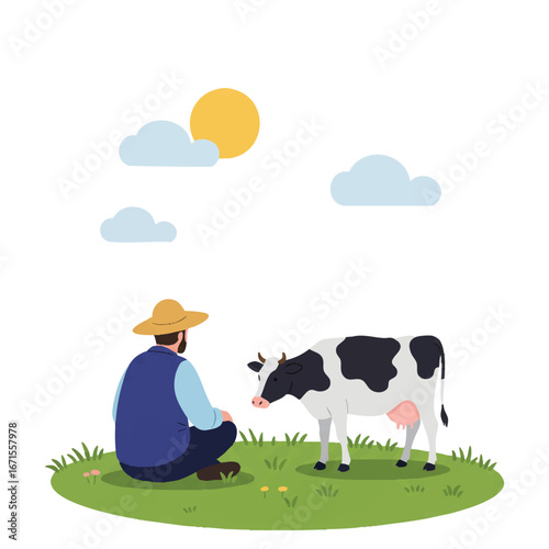 A peaceful farmer watches his cow graze in a serene moment, depicted in a minimalist 2D flat vector illustration with clean lines and solid colors on a white background.