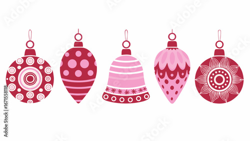 Collection of five festive christmas ornaments in pink and red hues
