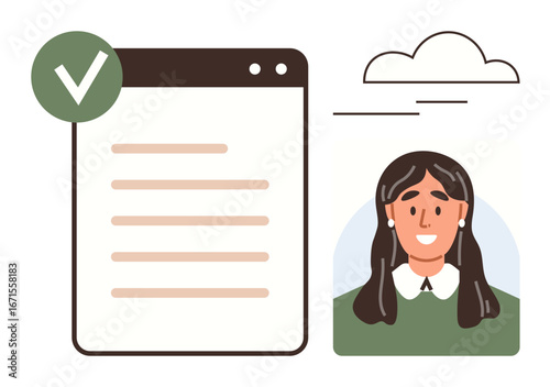 Simplified checklist interface with verification checkmark beside smiling portrait of a woman, minimal cloud graphic. Ideal for user profiles, verification, evaluation, task completion, success