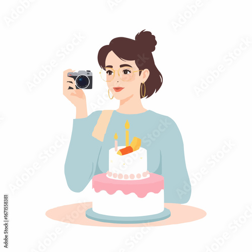 A woman with glasses takes pictures of a birthday cake.