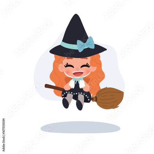 Cuadro en lienzo happy young witch girl in cute cartoon style flying on broomstick halloween nigh