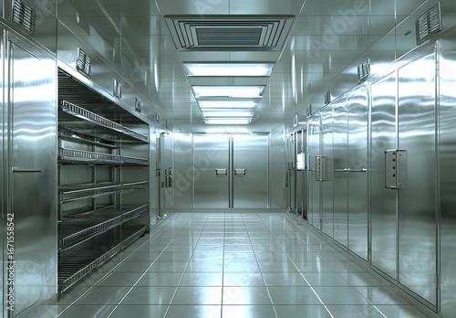 Photo of an empty industrial cold room with stainless steel shelves, designed for commercial refrigeration storage