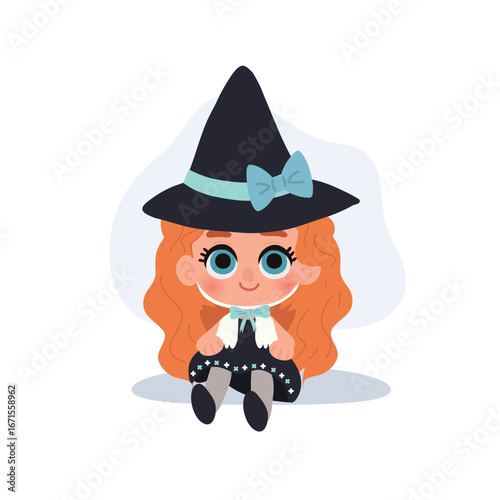 kawaii witch girl sitting in costume halloween