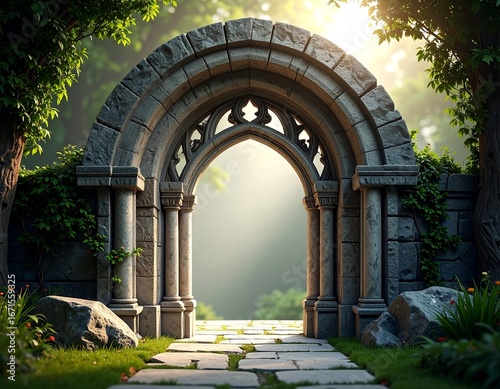 Stone Archway Pathway Entrance, Forest Setting