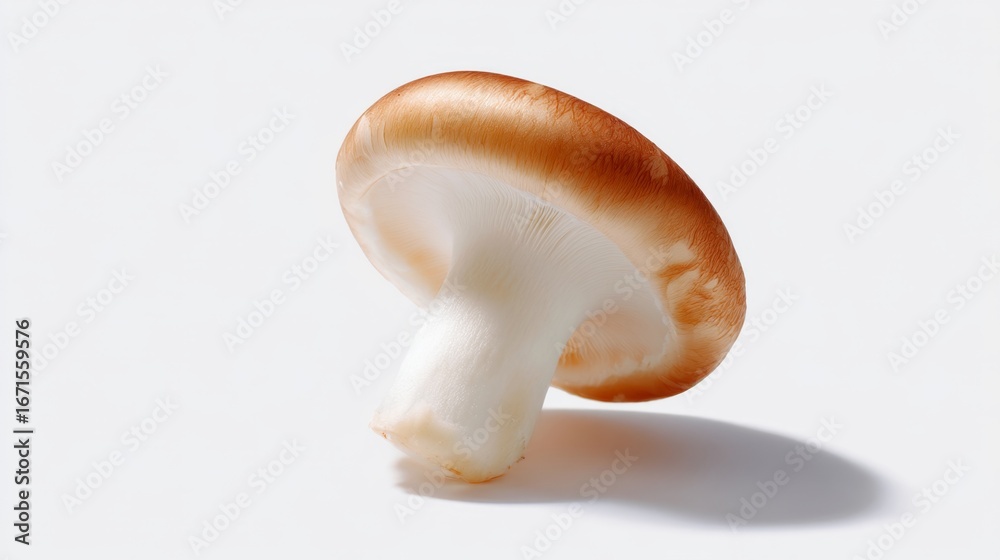 Fototapeta premium A simple mushroom stands alone on a clean background. Its cap is a warm shade, radiating natural beauty. This image is perfect for food photography or culinary blogs. AI
