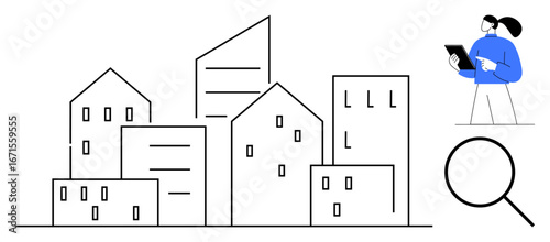 City skyline with diverse buildings, professional holding tablet analyzing data, magnifying glass emphasizes property search. Ideal for real estate, city planning, architecture, data analysis