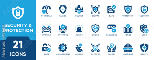 Protection Icon Set. Features icons for security, shield, privacy, safety, data protection, and defense. Perfect for businesses, IT, healthcare, and personal safety visuals.