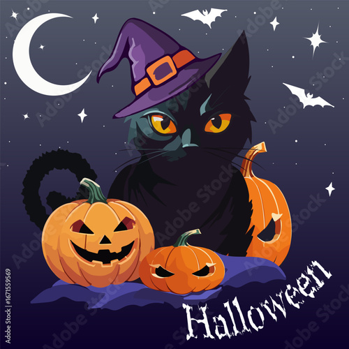 Illustration with pumpkins and a cat.Vector illustration with a cat in a hat, pumpkins and bats for Halloween on a colored background with text, moon and stars.