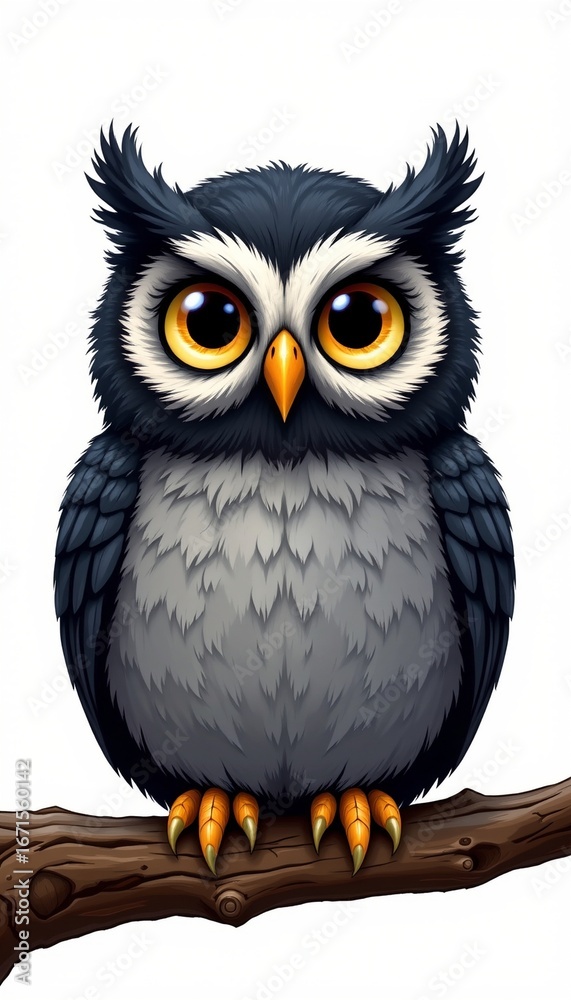 Naklejka premium Cute Cartoon Owl Branch with Expressive Eyes