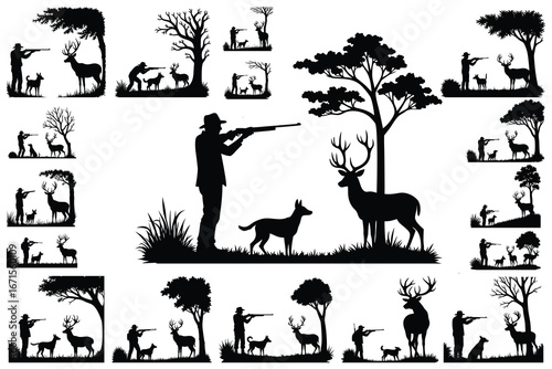 Silhouette hunting scenes with deer and dogs hunter