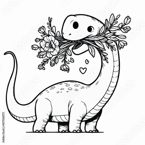 Lovely dinosaur coloring page of a baby Brontosaurus holding a bouquet of flowers
