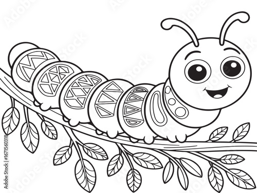 Playful Cartoon Caterpillar on a Leaf – Fun Nature Design for Kids' Coloring