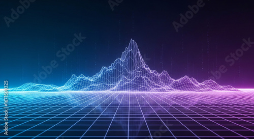 3D wireframe mountain landscape in neon gradient colors  