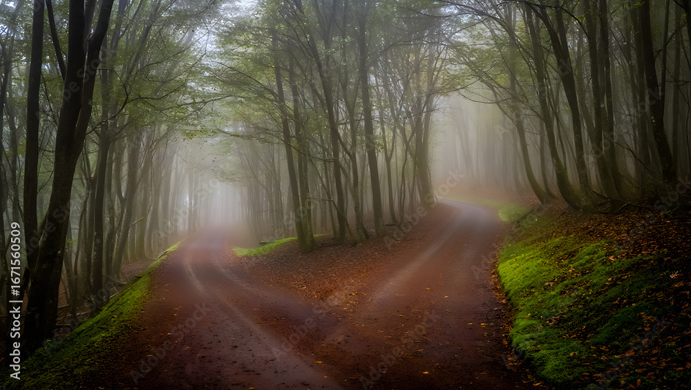 Obraz premium Misty Forest Path: A Fork in the Road, Mysterious and Ethereal, Autumnal Ambiance.