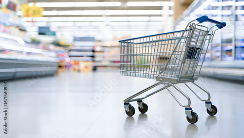 Wallpaper Mural Empty Shopping Cart in Blurred Supermarket Aisle: Retail, Consumerism, and Shopping Concept Torontodigital.ca