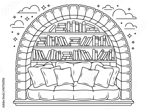 Whimsical Reading Corner with Comfortable Cushions and Starry Sky