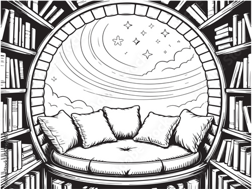 Circular Cushioned Seat Surrounded by Bookshelves and Clouds