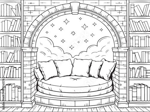 Cozy Reading Nook with Cushioned Seat and Starry Sky Backdrop