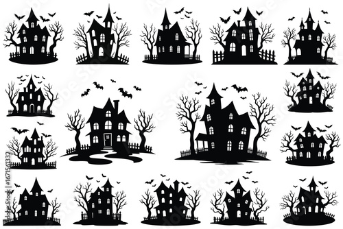 Halloween haunted houses with bats and bare trees silhouettes