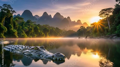 Majestic crocodile basks in the tranquil beauty of a sunrise over a serene river, surrounded by lush jungle and misty mountains.