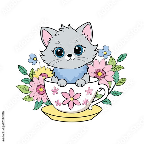 Adorable fluffy kitten nestled inside a delicate teacup adorned with a single flower