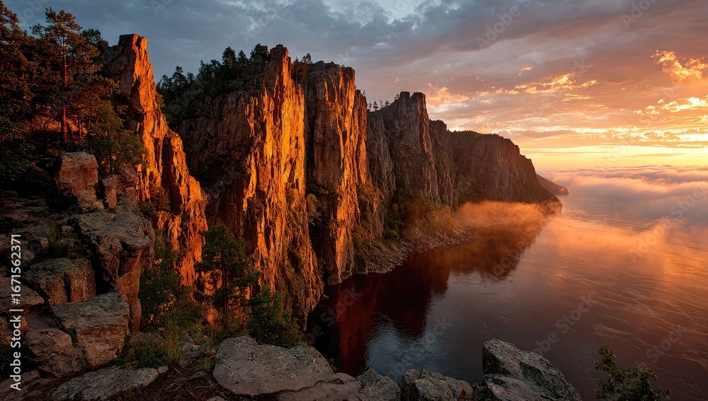 Fototapeta premium Sunset over a calm lake with dramatic rock formations