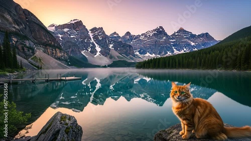 Picturesque mountain lake scene with a ginger cat perched on a rock, reflecting in the tranquil water.