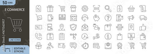 E-commerce icons set. Includes shopping cart, payment, store, delivery, and discount symbols. Editable stroke. Line icons. Perfect for online shops, digital business, and retail platforms.