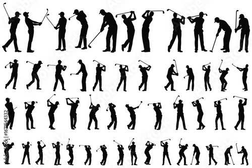 Diverse male golfer silhouettes in various swing poses