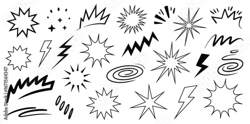 Collection of black and white rough hand drawn comic style burst shapes and lightning bolts