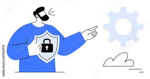Bearded man holds shield with lock, gesturing to a gear symbolizing network security, privacy, and technological protection. Ideal for cybersecurity, data management, safety, privacy, tech solutions