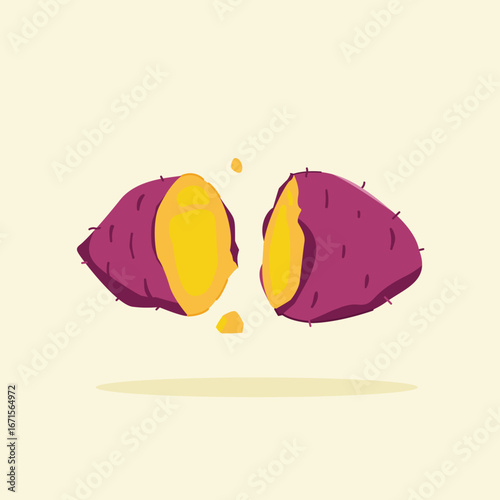 Potato illustration in flat style. Minimalist food icon design, carbohydrate rich root food. Purple cassava.