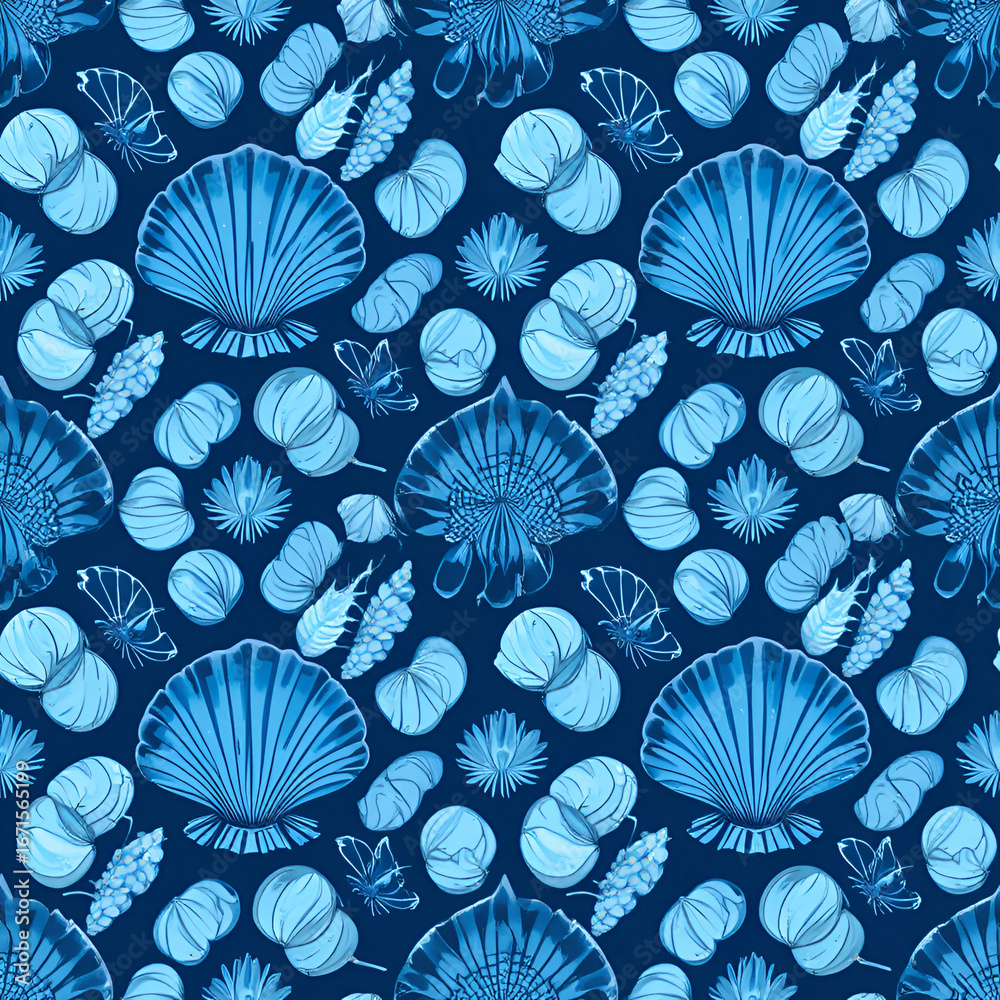 Blue sea shells vector seamless pattern Blue sea shells vector seamless pattern
