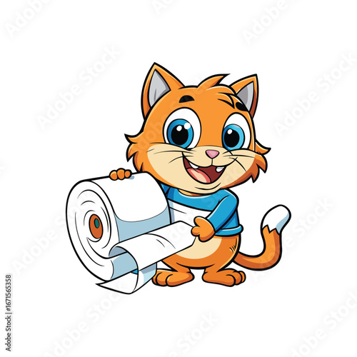 Playful kitten unrolling a roll of toilet paper causing a mess