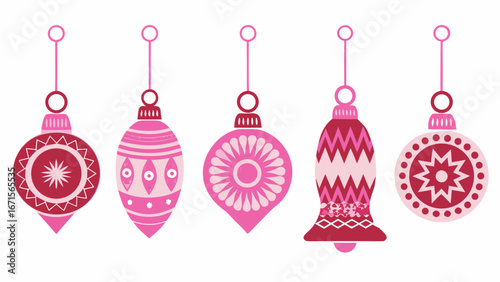 Collection of five flat design christmas ornaments in pink and red hues