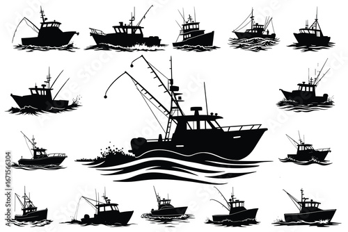 Multiple black silhouette fishing boats on water ocean