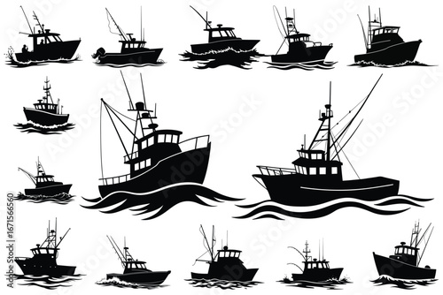 Collection of black silhouette fishing boats on water