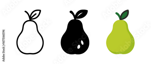 Minimalist pear icons: outline, solid, and flat design collection