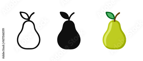 Minimalist pear icons: outline, solid, and colorful designs in a trio