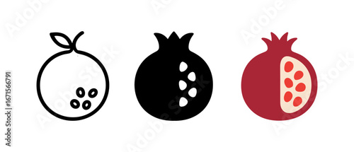 Minimalist pomegranate icons: outline, silhouette, and colorful designs