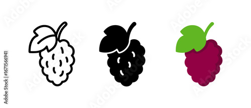 Triple berry icon set featuring outline, silhouette, and flat styles