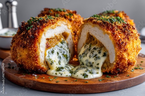 A crispy chicken Kiev, golden-breaded with a tender, herb-butter center, oozing out with each bite, perfect for a cozy, satisfying dinner
