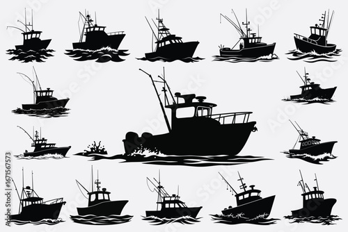 Collection of fishing boat silhouettes on water ocean