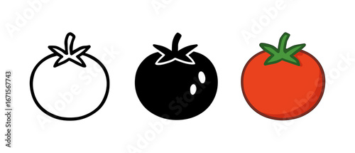 Stylized tomato icons in outline, silhouette, and colorful design