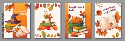 Collection of vector posters with books and autumn leaves. Illustrations with pumpkin, cup of tea, witch hat, and cozy autumn compositions. Template for greeting cards, posters, bookshop.