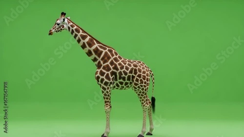 A full shot of a giraffe against a solid green background.