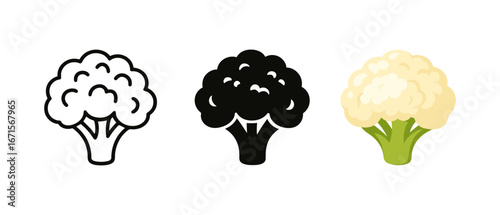 Trio of cauliflower icons in bold black, line art, and colored styles