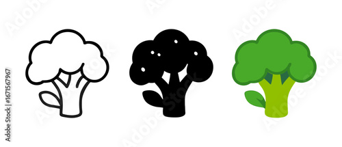 Stylized broccoli icons in line art, silhouette, and flat design