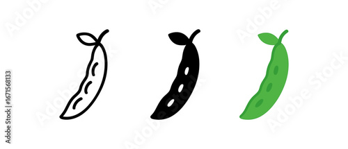 Flat minimalistic pea pod designs in black, white, and green variations